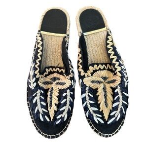 Zi | Women’s Navy/Tan/White Embroidered and Beaded Slip On Espadrille Flats 6.5